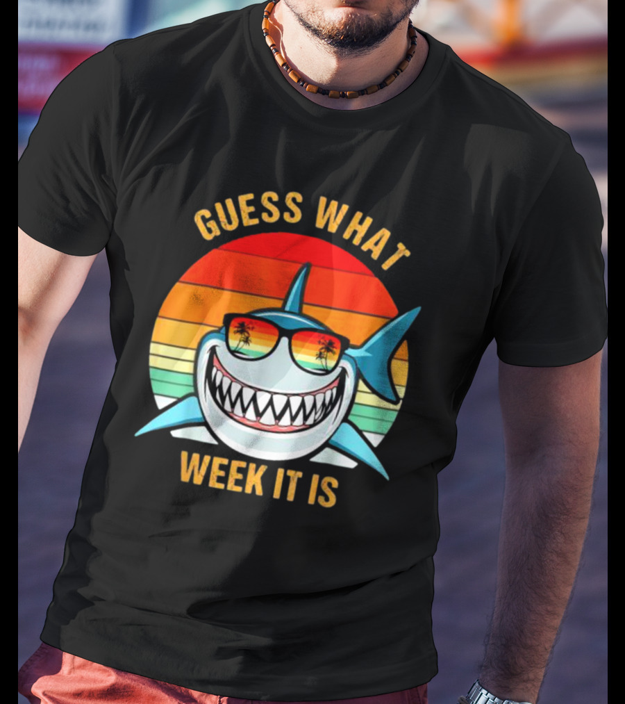 Guess What Week It Is Shark Vintage Sunset Retro Palm Trees T-Shirt