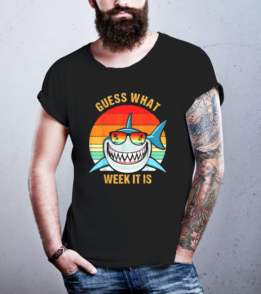 Guess What Week It Is Shark Vintage Sunset Retro Palm Trees T-Shirt