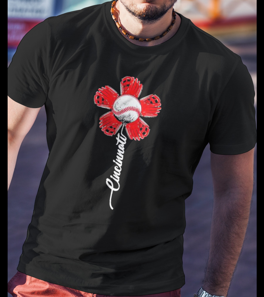 Cincinnati Baseball Flower With Baseball Center And Red Glove Petals T-Shirt