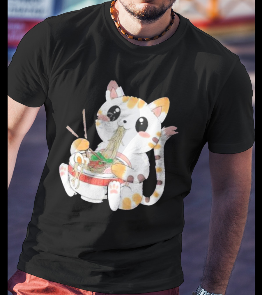 Kawaii Neko Eating Ramen In Cute Cartoon T-Shirt