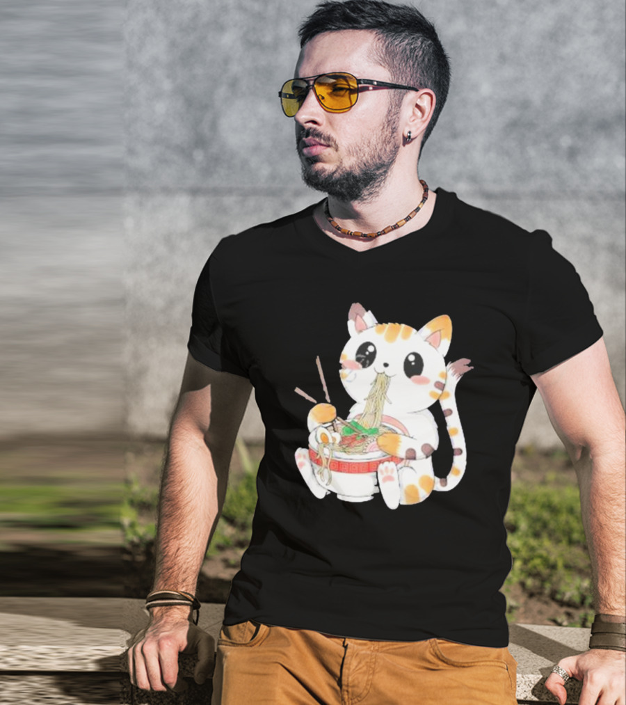 Kawaii Neko Eating Ramen In Cute Cartoon T-Shirt