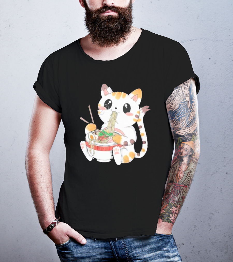Kawaii Neko Eating Ramen In Cute Cartoon T-Shirt