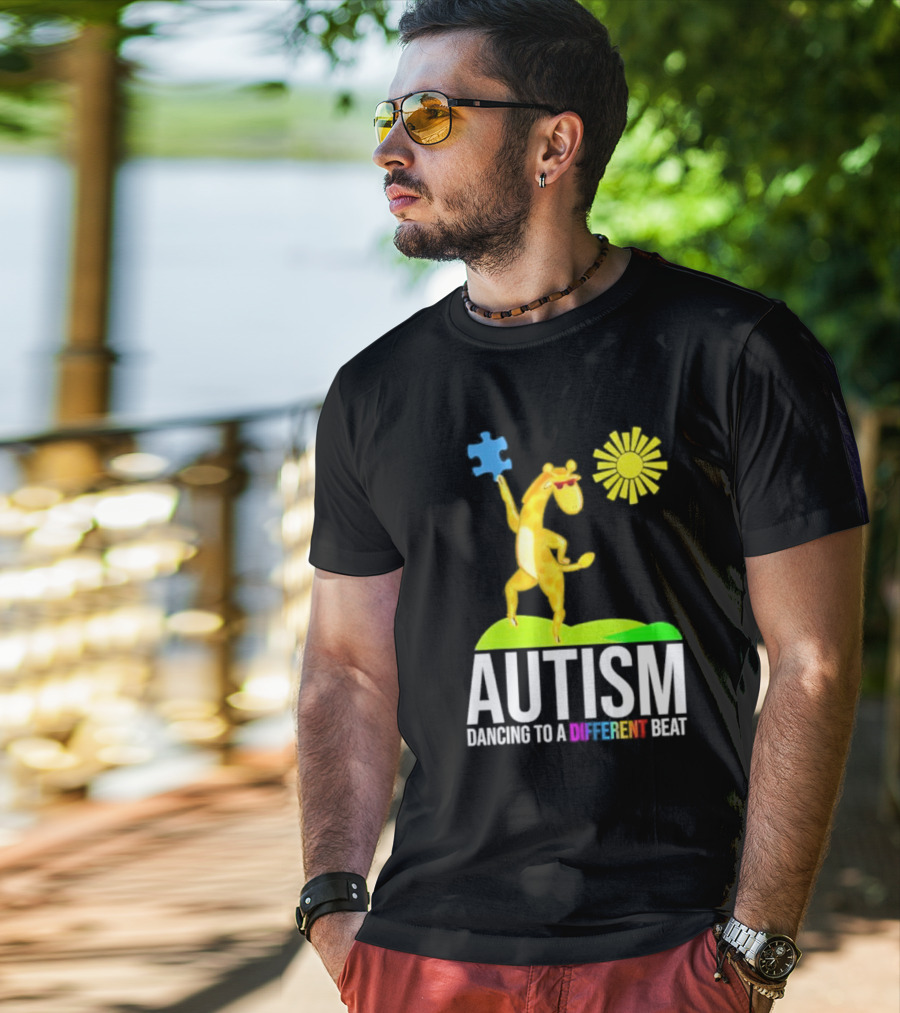 Giraffe With Puzzle Piece And Sun Celebrating Autism Dancing To A Different Beat T-Shirt