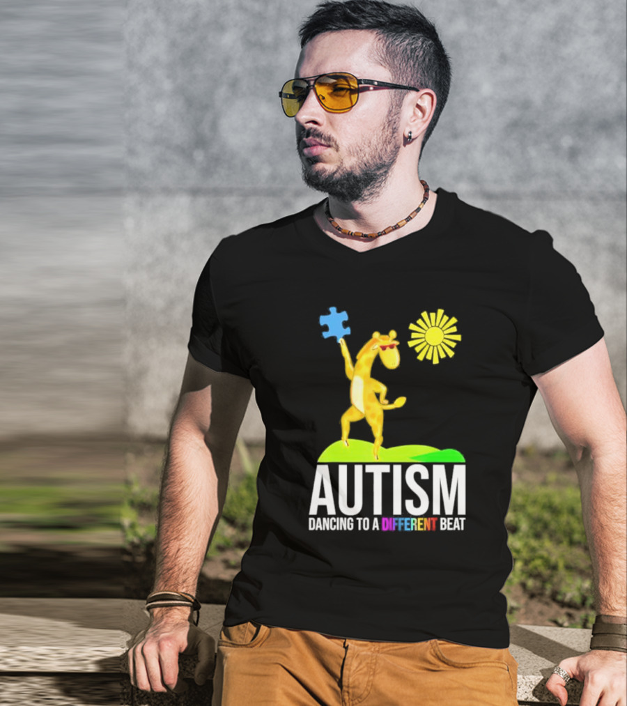 Giraffe With Puzzle Piece And Sun Celebrating Autism Dancing To A Different Beat T-Shirt