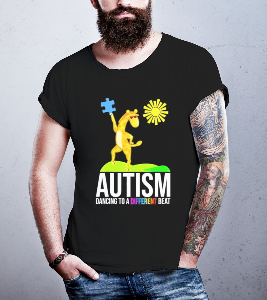 Giraffe With Puzzle Piece And Sun Celebrating Autism Dancing To A Different Beat T-Shirt