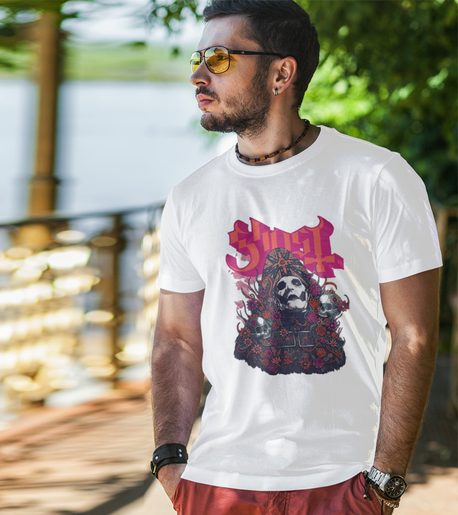 Ghost Skull In Floral Bliss Pink Crystal Wash T-Shirt