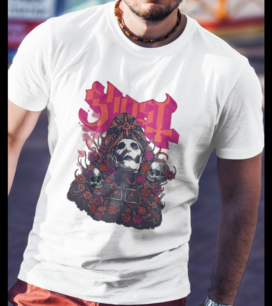 Ghost Skull In Floral Bliss Pink Crystal Wash T-Shirt