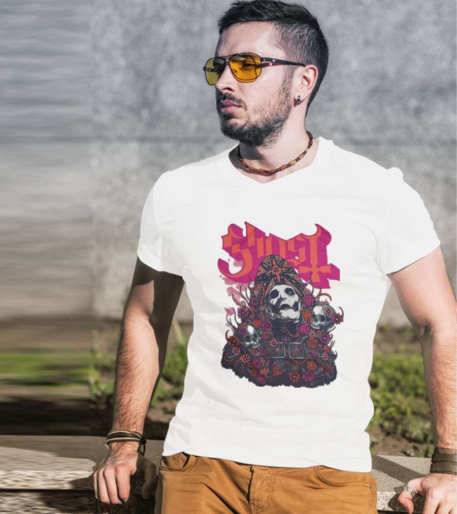 Ghost Skull In Floral Bliss Pink Crystal Wash T-Shirt
