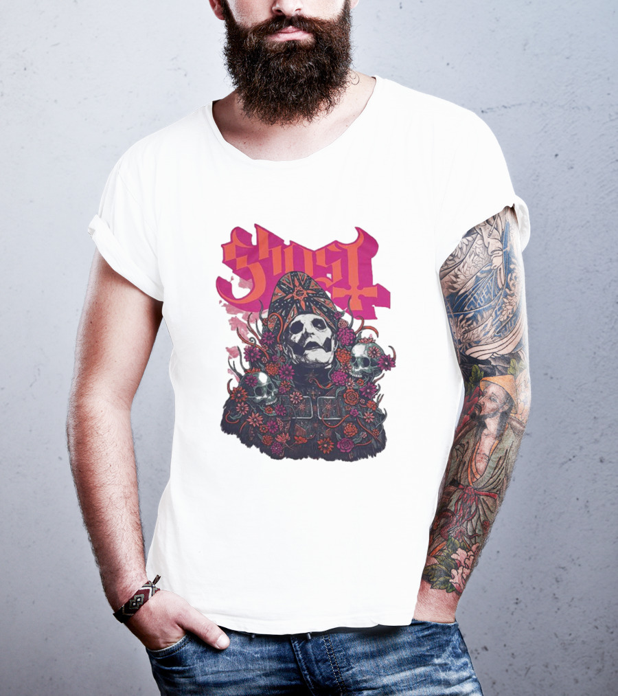 Ghost Skull In Floral Bliss Pink Crystal Wash T-Shirt