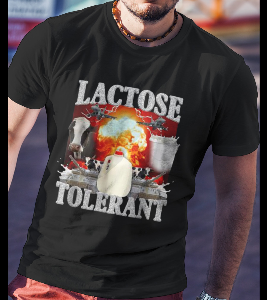 LACTOSE TOLERANT Milk Explosion Cow Jug Planes Battle Scene T-Shirt