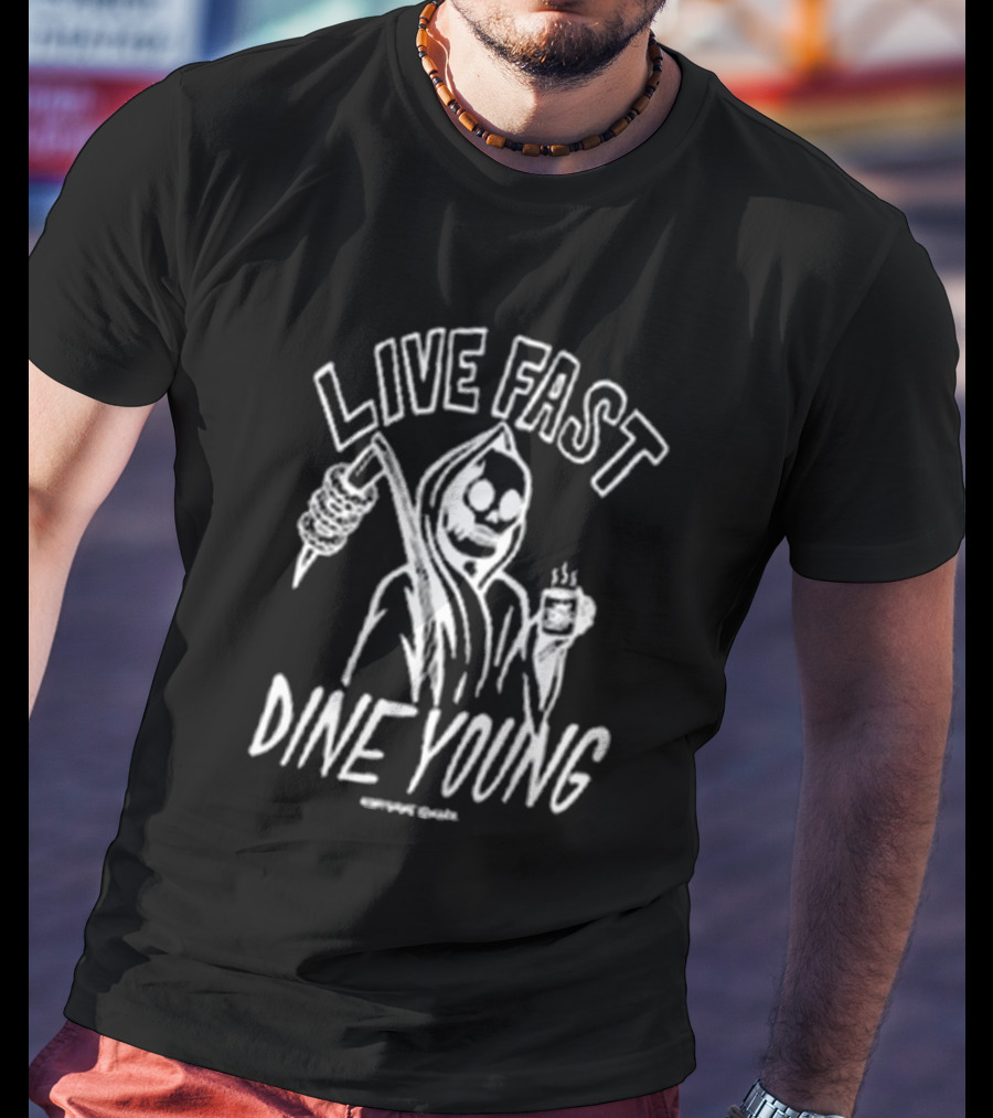 Himynameismark Live Fast Dine Young Grim Reaper With Scythe And Coffee Cup T-Shirt