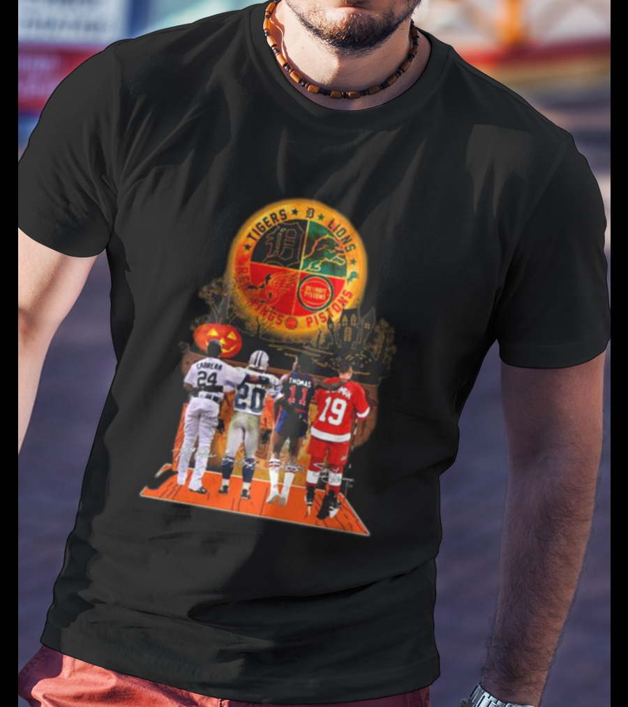 Detroit Tigers Lions Pistons Red Wings Halloween Signatures Cabrera Sanders Thomas Yzerman T-Shirt