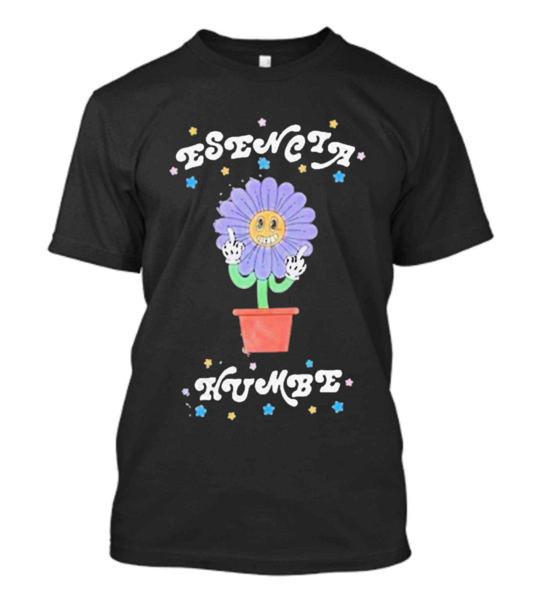 Esencia Humbe Smiling Flower Pot With Middle Finger Gesture And Colorful Stars T-Shirt
