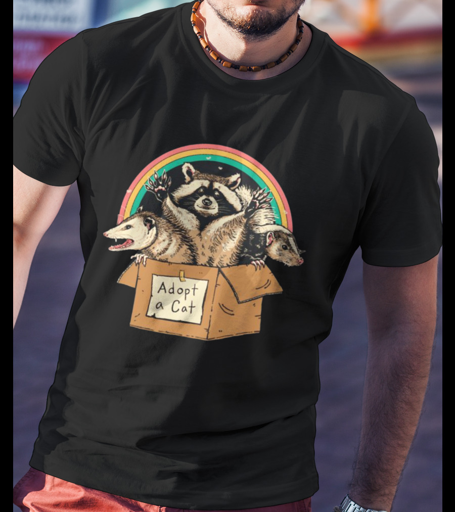 Wicked Clothes Adopt A Cat Raccoon And Opossum In Cardboard Box Rainbow T-Shirt