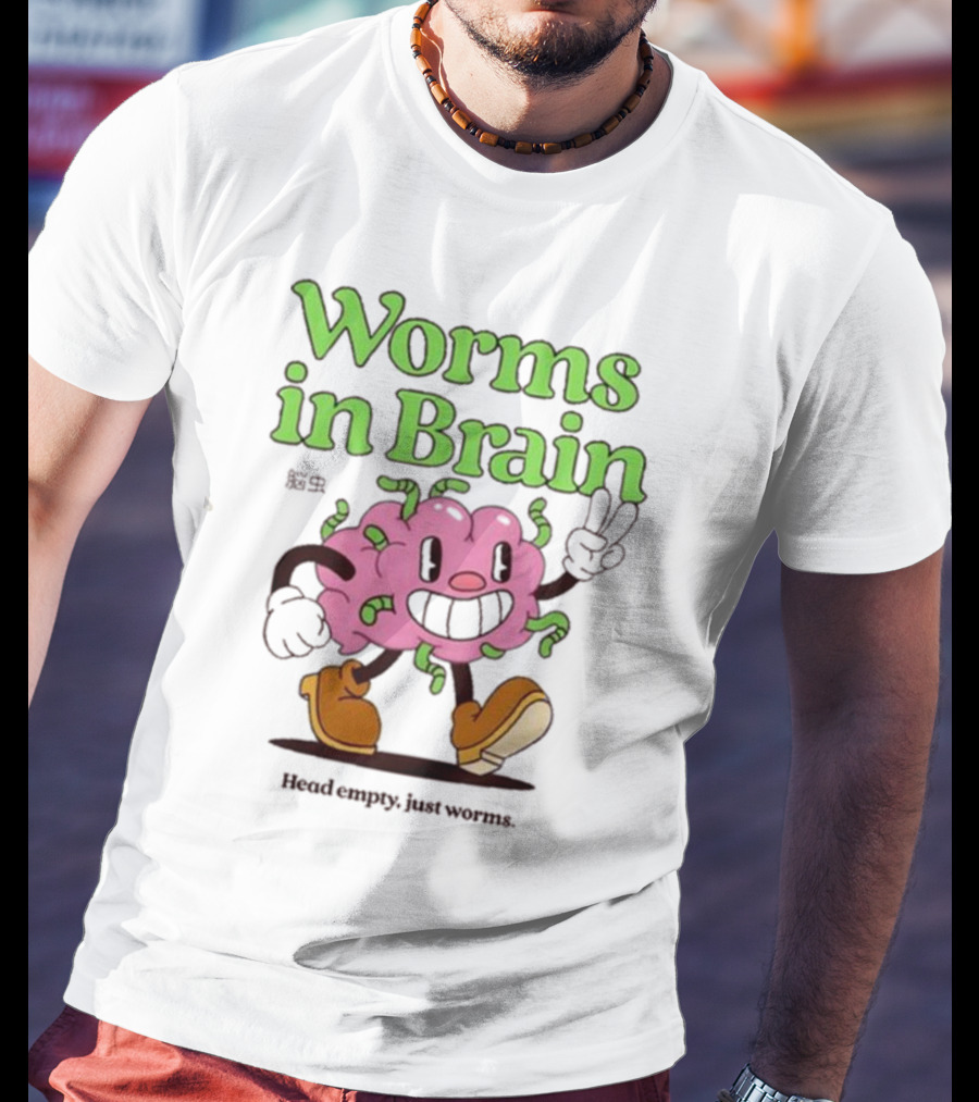 Worms In Brain Head Empty Just Worms Cartoon Brain Peace Sign T-Shirt