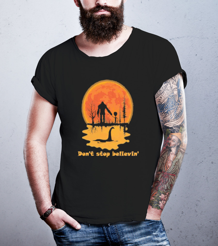 Don't Stop Believin' Bigfoot Alien Loch Ness Monster Sunset Scene T-Shirt