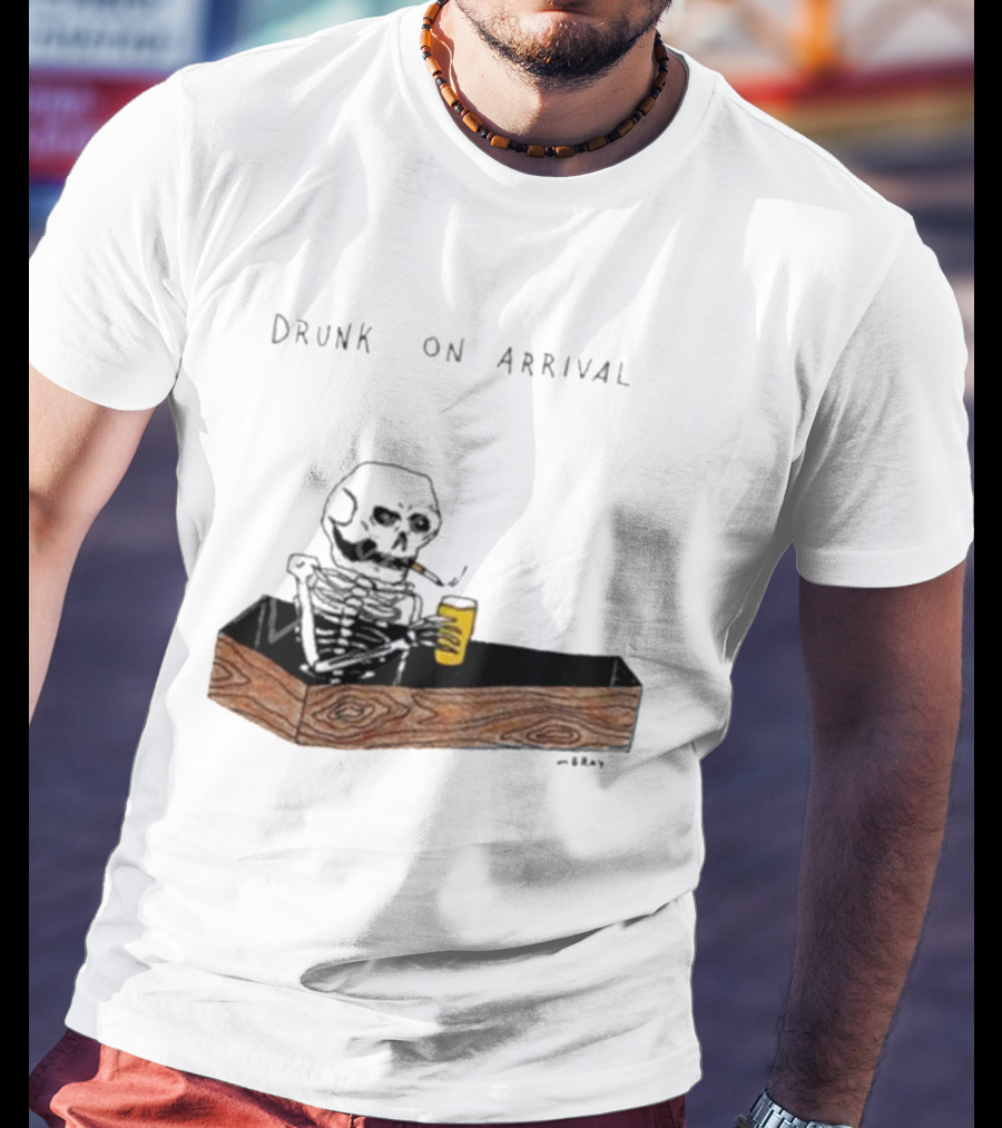Matt Gray Drunk On Arrival Skeleton In Coffin Holding Drink T-Shirt