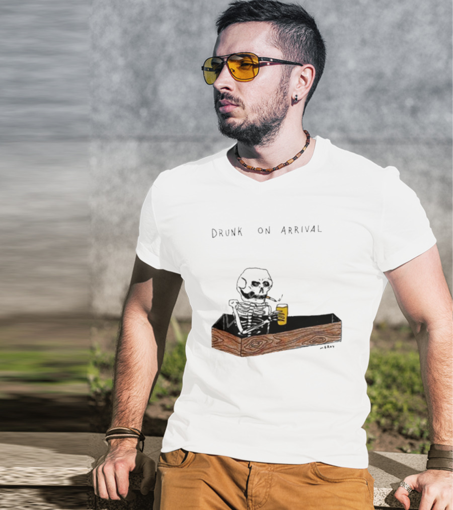 Matt Gray Drunk On Arrival Skeleton In Coffin Holding Drink T-Shirt