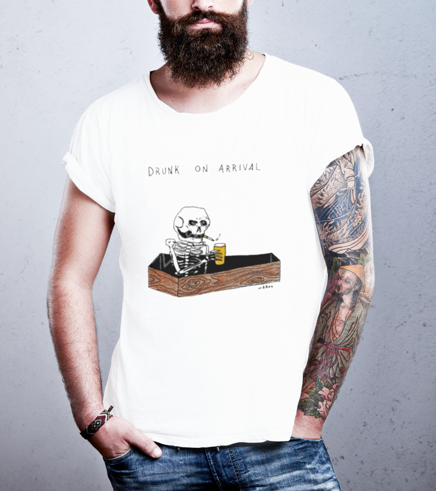 Matt Gray Drunk On Arrival Skeleton In Coffin Holding Drink T-Shirt