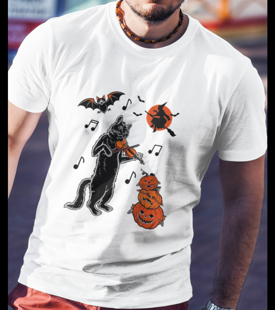 Black Cat Playing Violin With Witch, Devilish Bat, And Stacked Pumpkins Halloween T-Shirt