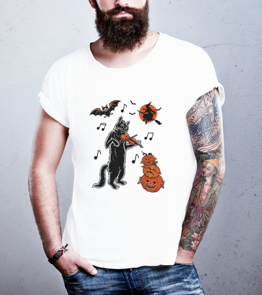Black Cat Playing Violin With Witch, Devilish Bat, And Stacked Pumpkins Halloween T-Shirt