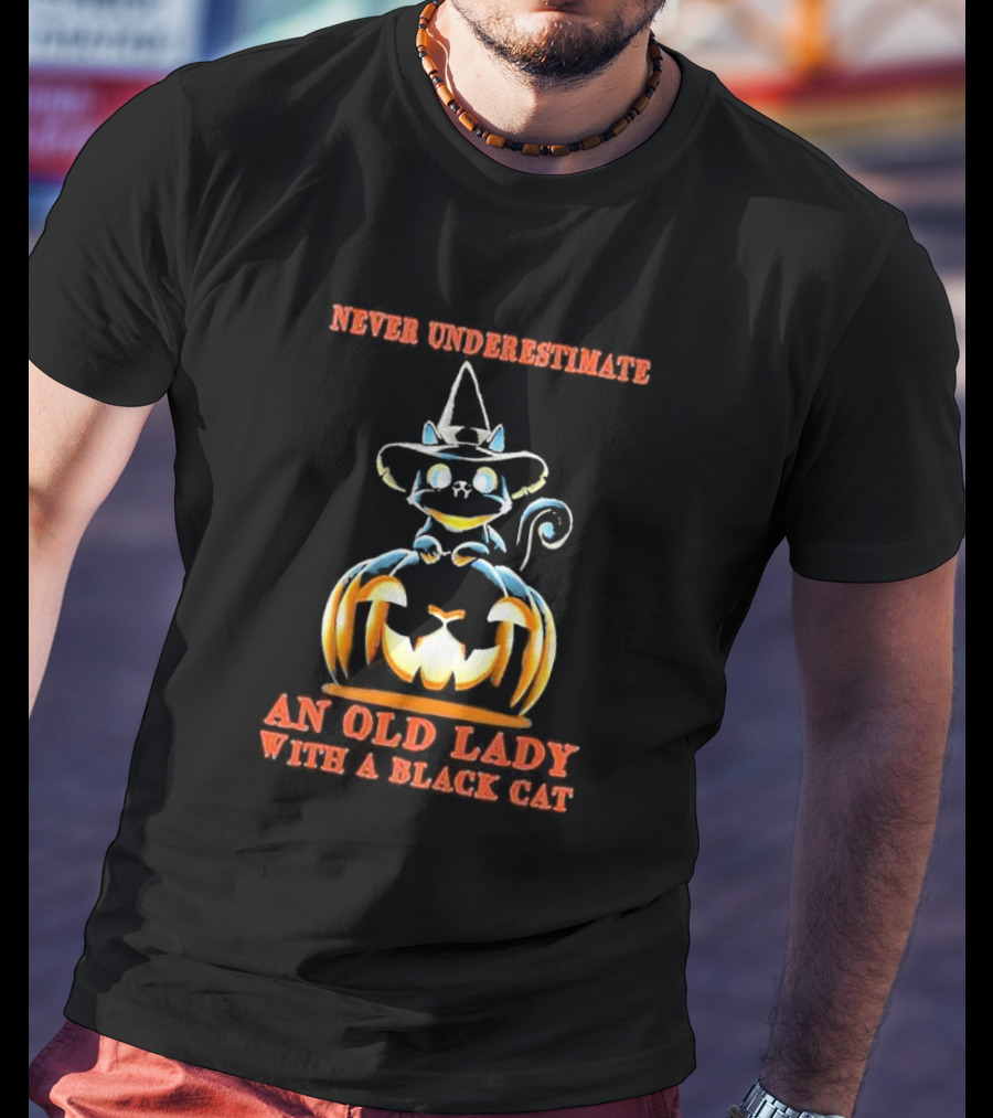 Never Underestimate An Old Lady With A Black Cat Halloween Pumpkin Witch Hat T-Shirt