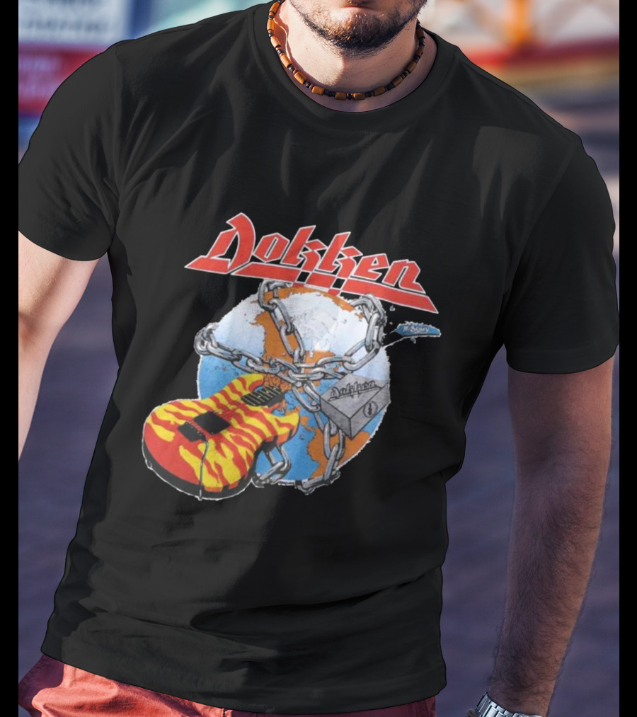 1980s Dokken Rokken With Dokken Flaming Guitar Chained To Globe T-Shirt