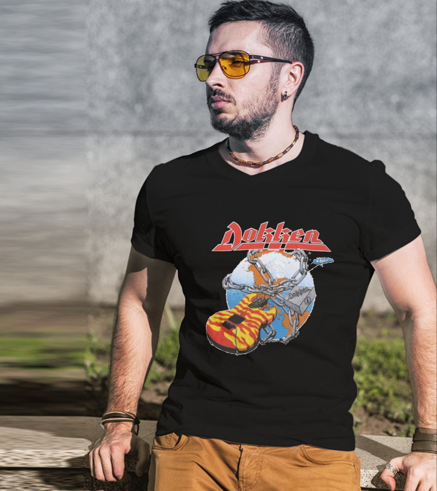 1980s Dokken Rokken With Dokken Flaming Guitar Chained To Globe T-Shirt