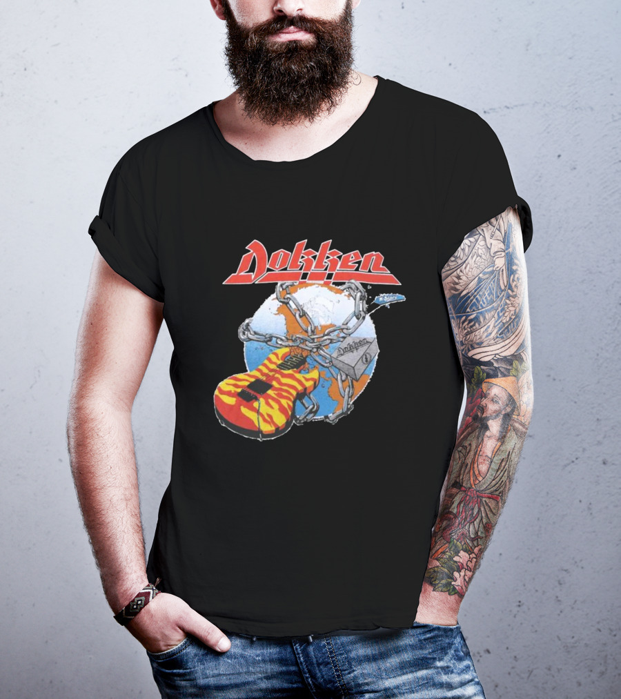 1980s Dokken Rokken With Dokken Flaming Guitar Chained To Globe T-Shirt