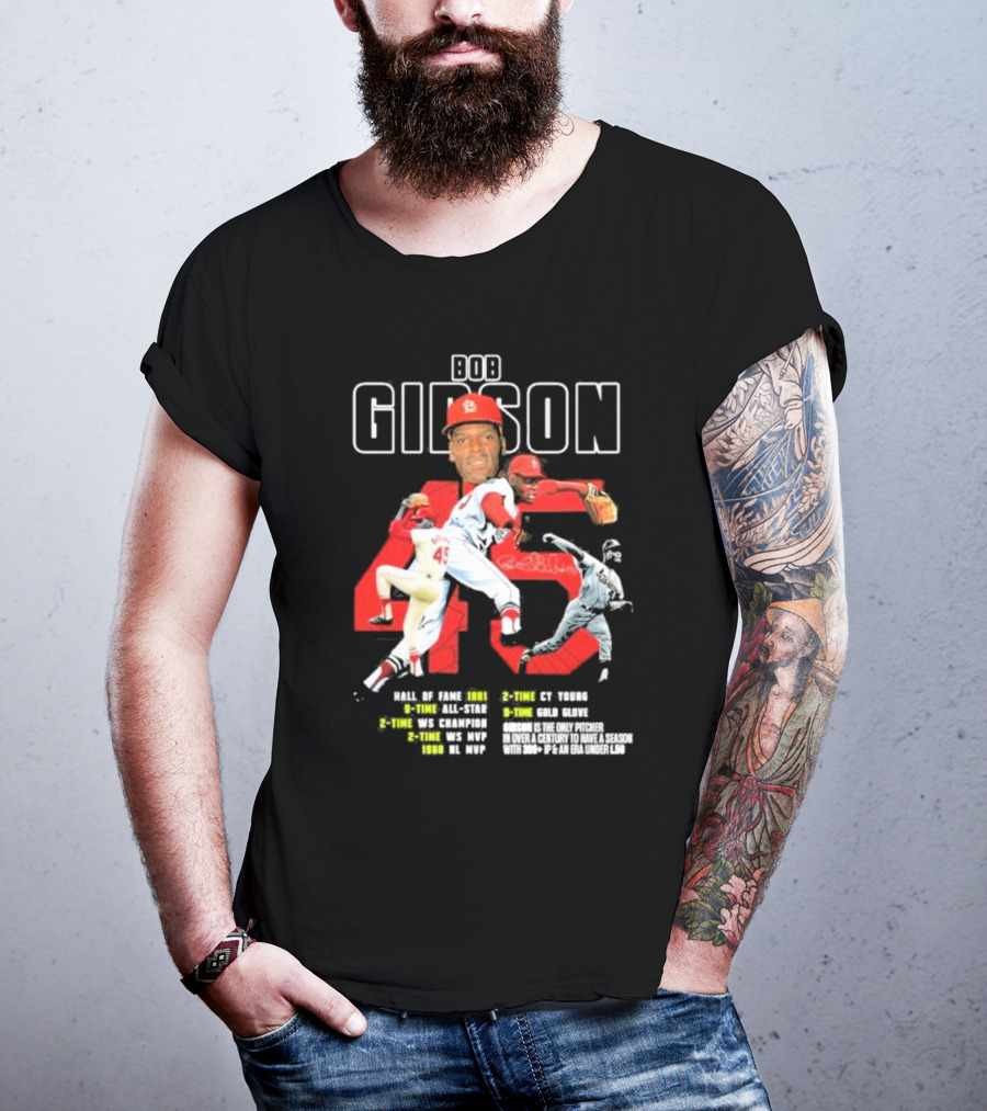 Bob Gibson St Louis Cardinals Hall Of Fame MLB Legend Pitcher Career Highlights 45 T-Shirt