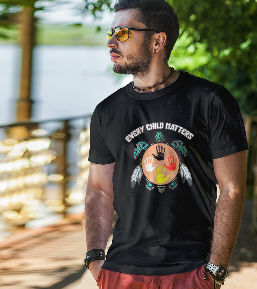 Every Child Matters Turtle With Handprints And Feathers T-Shirt