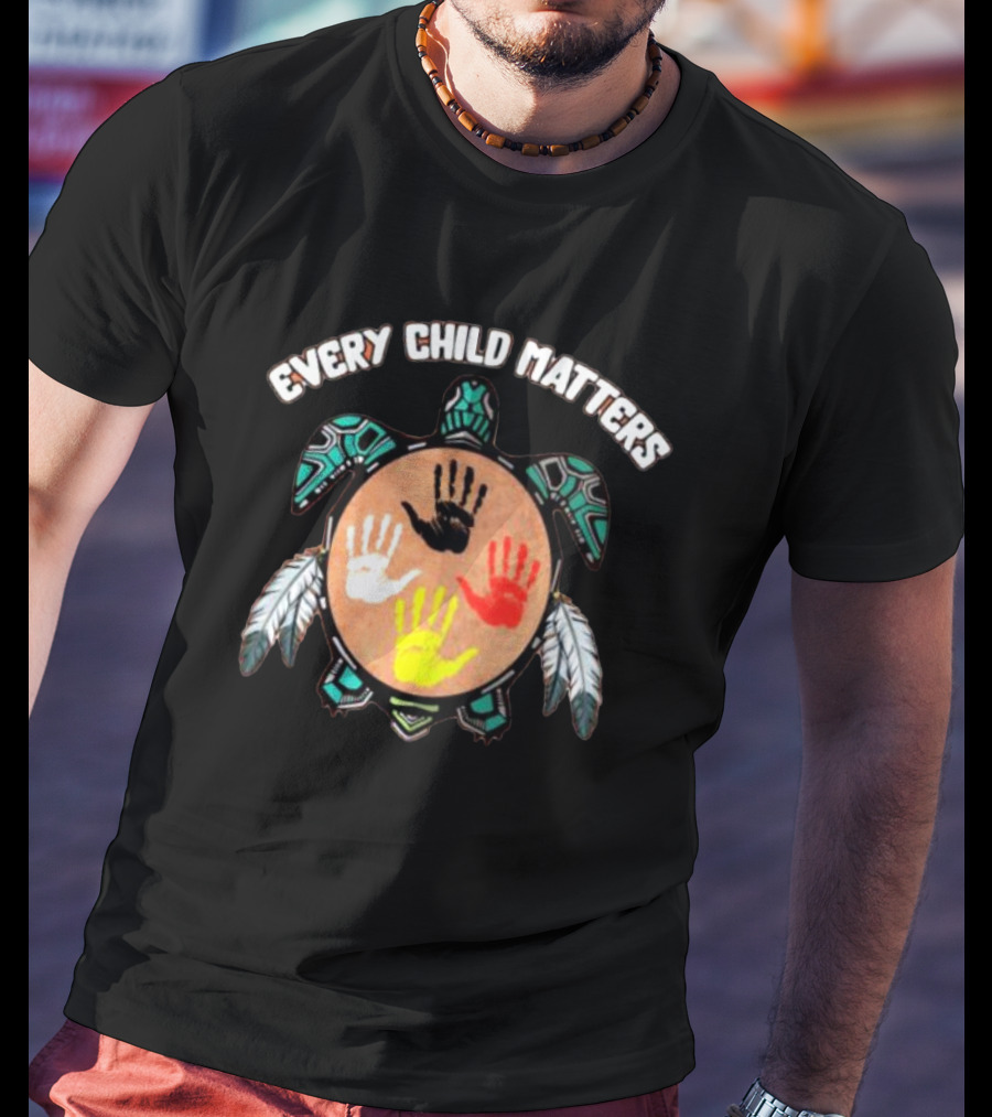 Every Child Matters Turtle With Handprints And Feathers T-Shirt