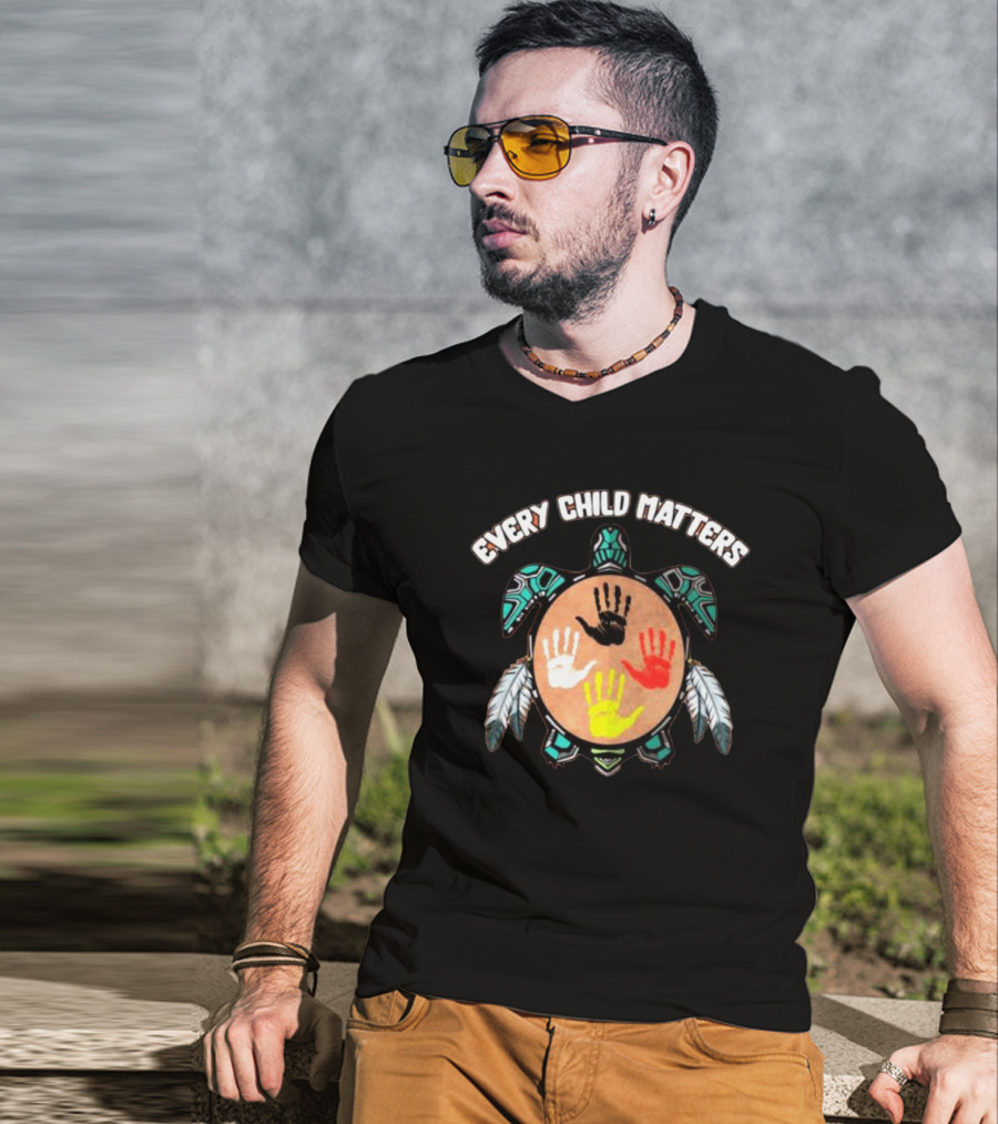 Every Child Matters Turtle With Handprints And Feathers T-Shirt