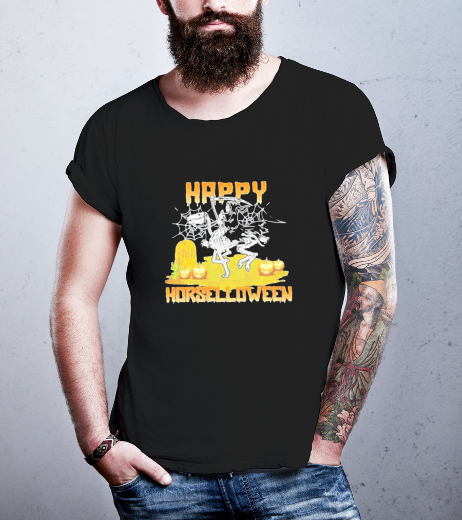 Happy Horselloween Devil Riding Horse Skull Halloween T-Shirt
