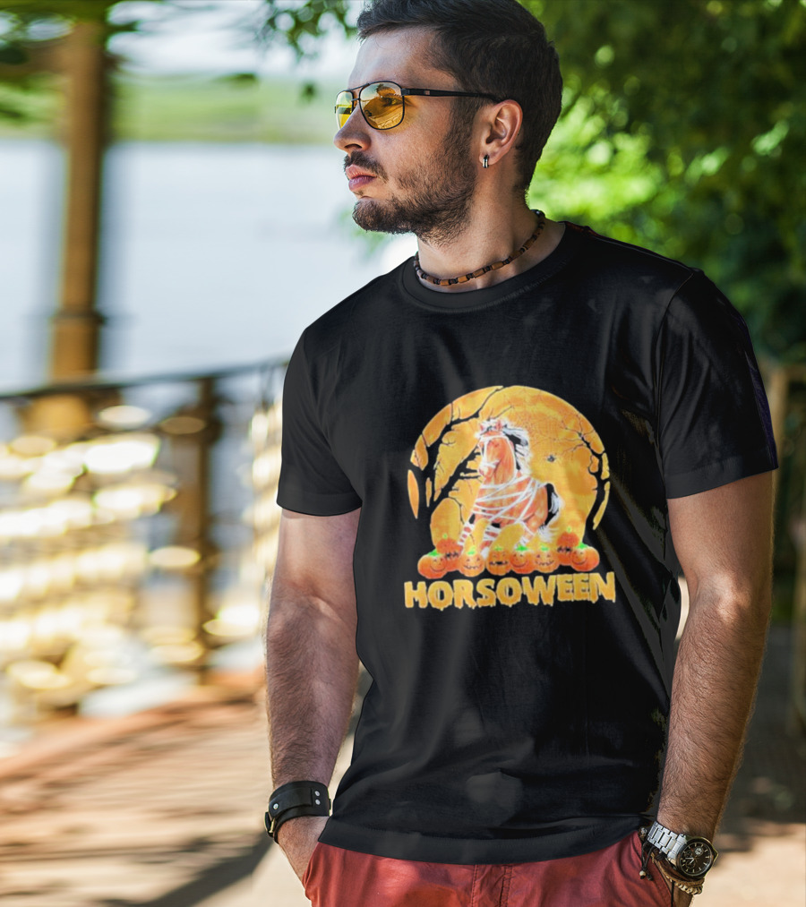 Horsoween Bandaged Horse Spider Web Haunted Pumpkins Red Moon Halloween T-Shirt