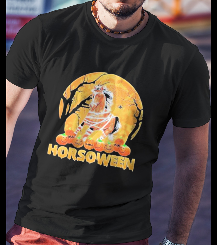 Horsoween Bandaged Horse Spider Web Haunted Pumpkins Red Moon Halloween T-Shirt