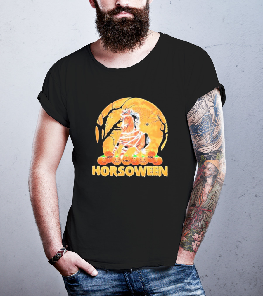 Horsoween Bandaged Horse Spider Web Haunted Pumpkins Red Moon Halloween T-Shirt