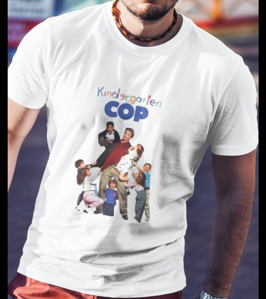 Kindergarten Cop Starring Arnold Schwarzenegger Surrounded By Kids In Colorful Letters T-Shirt