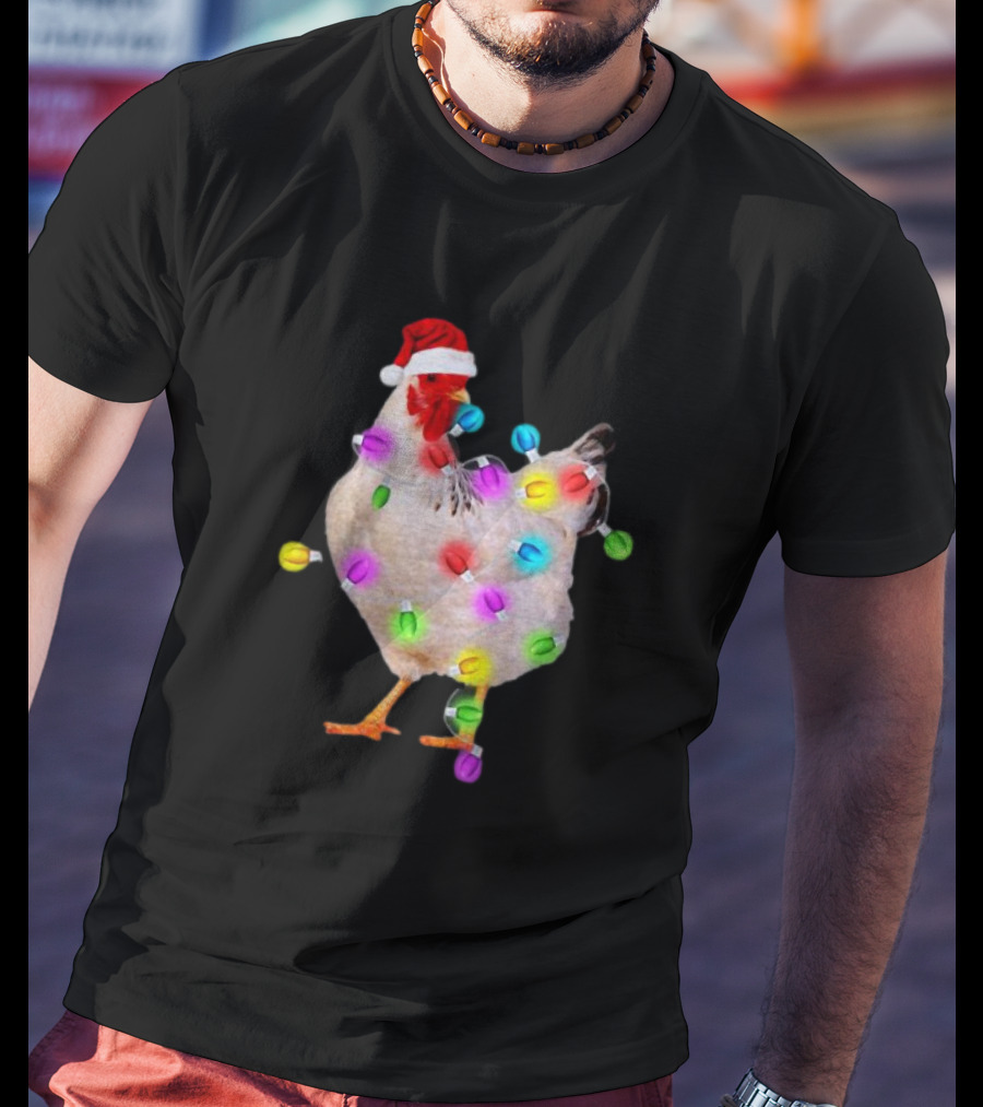 Chicken In Santa Hat With Colorful Christmas Lights T-Shirt