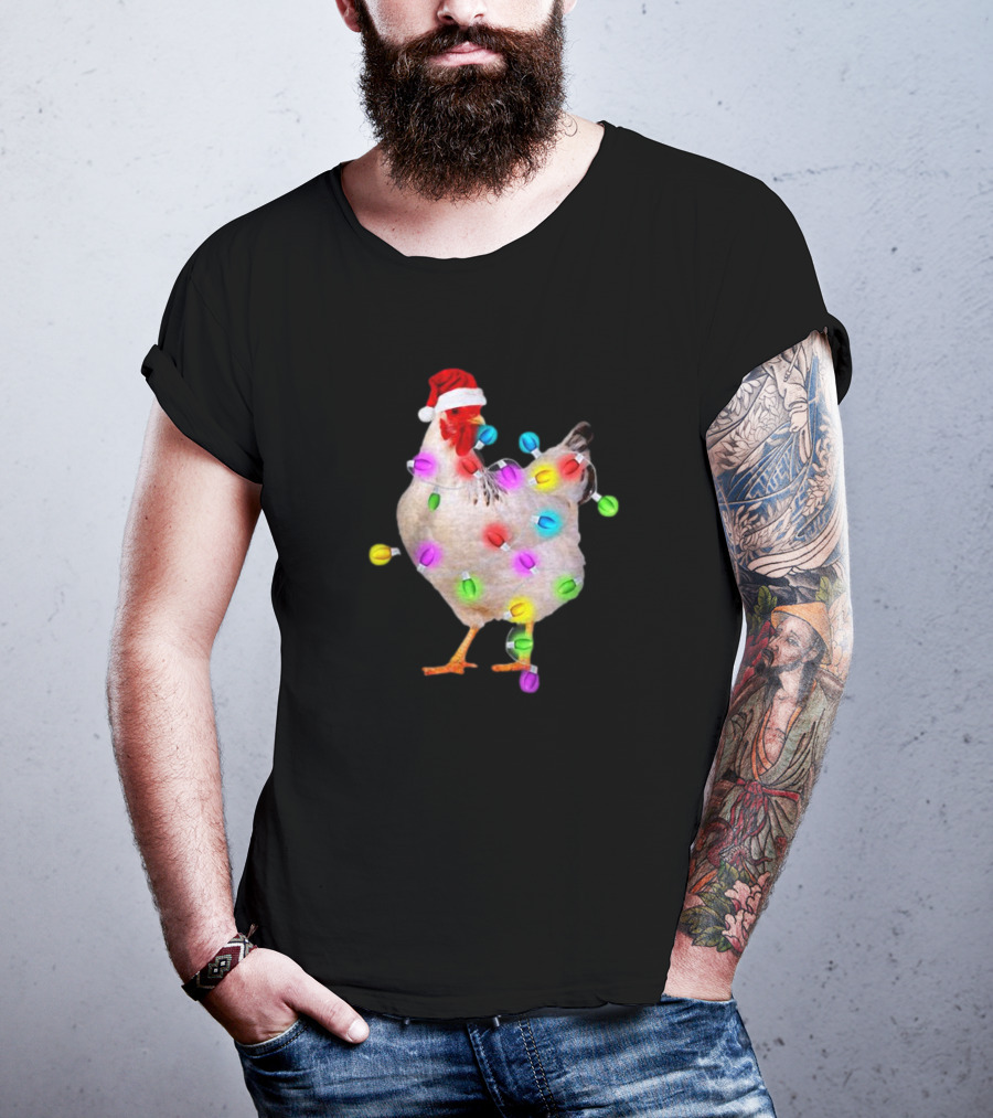 Chicken In Santa Hat With Colorful Christmas Lights T-Shirt