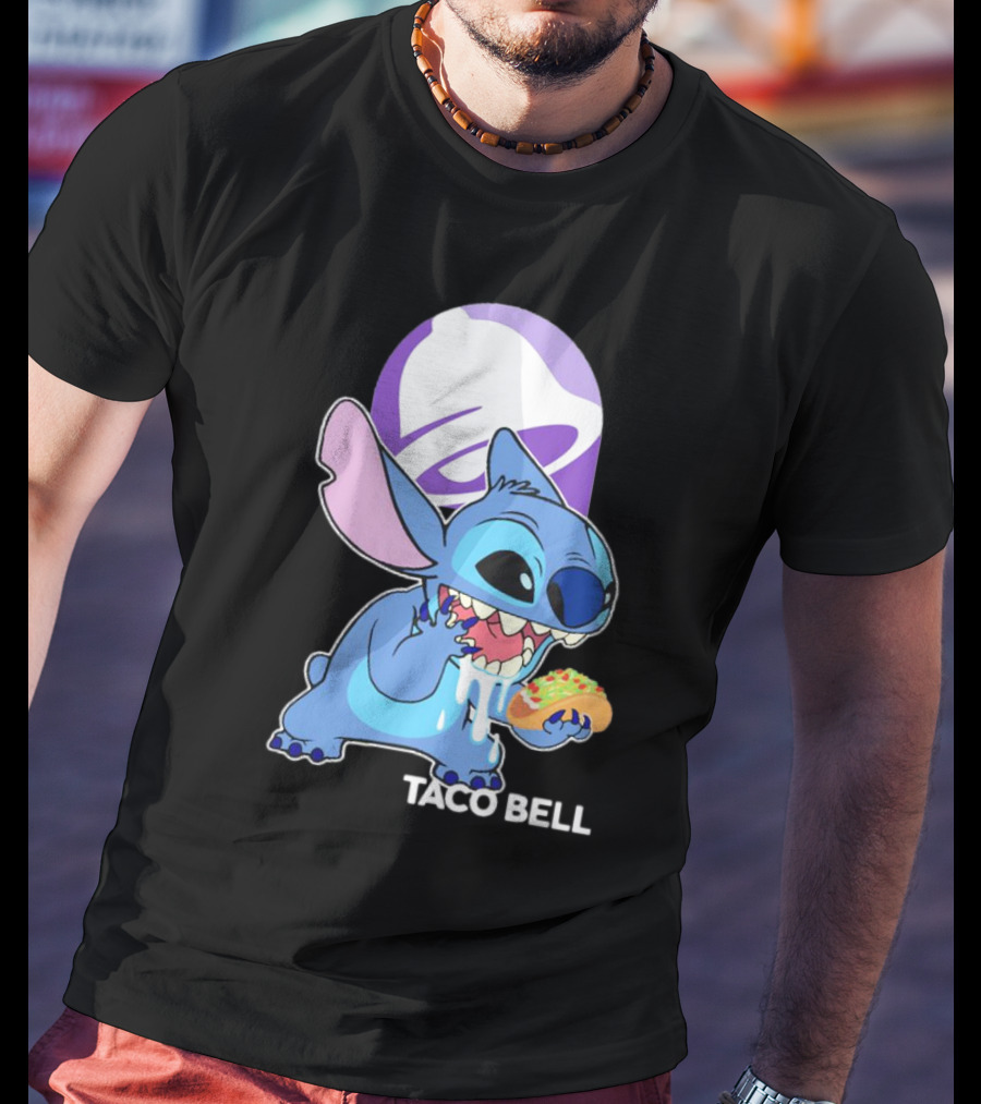 Stitch Eating Taco Bell Tacos With Logo Background T-Shirt