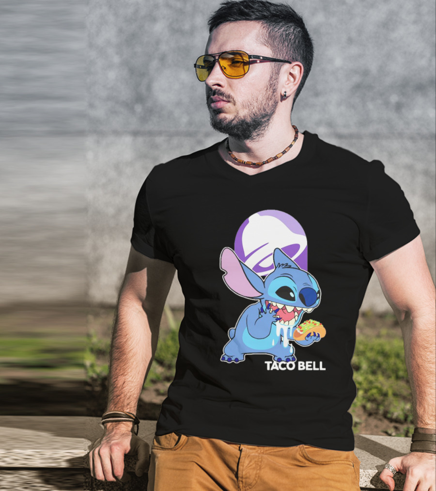 Stitch Eating Taco Bell Tacos With Logo Background T-Shirt