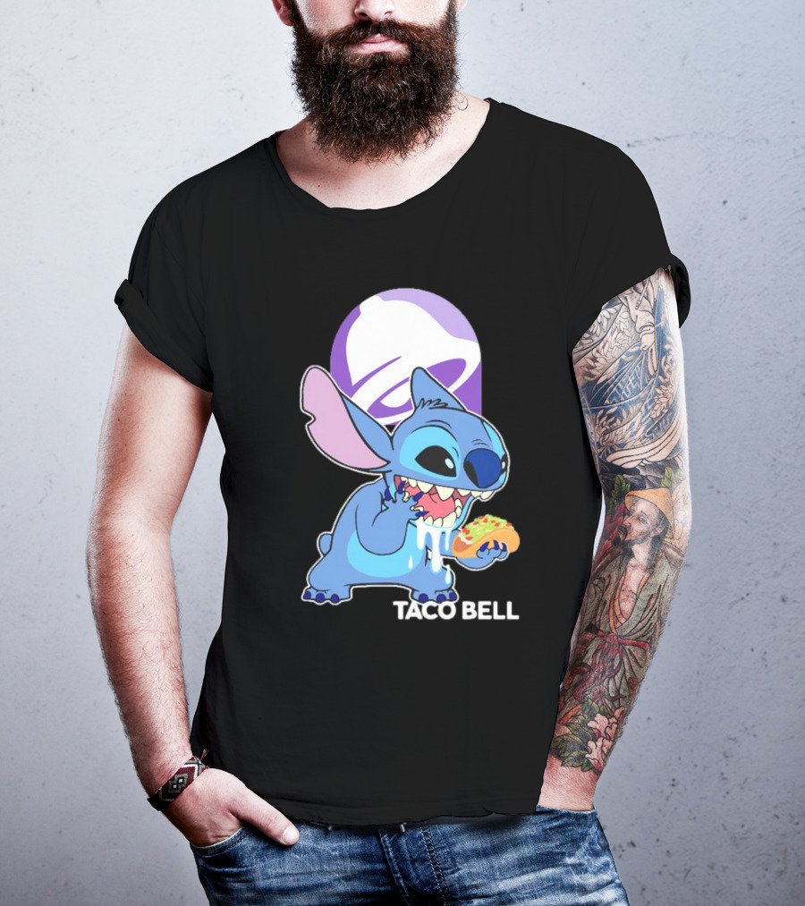 Stitch Eating Taco Bell Tacos With Logo Background T-Shirt