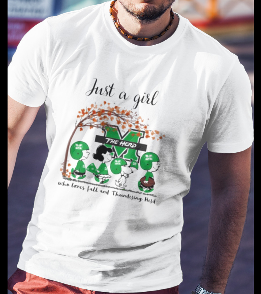 Just A Girl Who Loves Fall And Marshall Thundering Herd Peanuts Charlie Brown Lucy Autumn Leaves T-Shirt