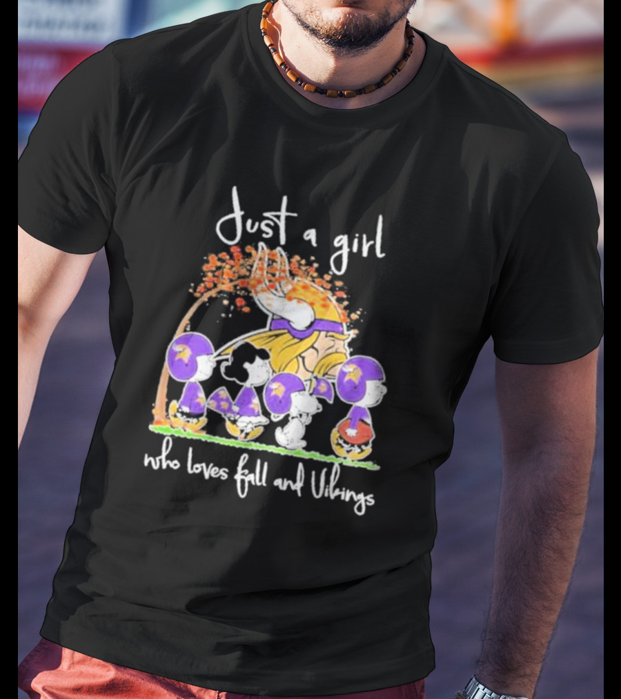 Just A Girl Who Loves Fall And Vikings Peanuts Characters Autumn Leaves T-Shirt