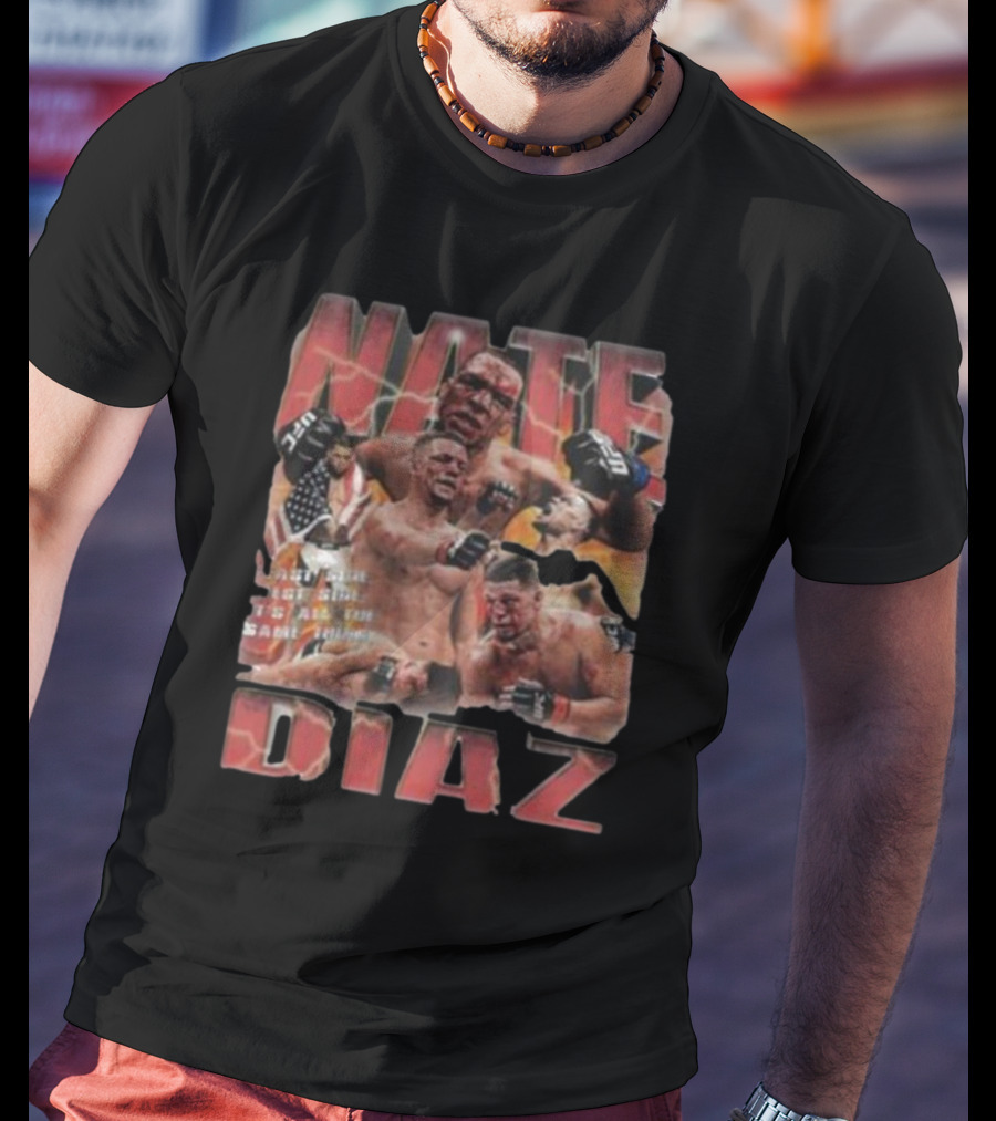 Nate Diaz MMA Fighter Collage With American Flag And Lightning T-Shirt
