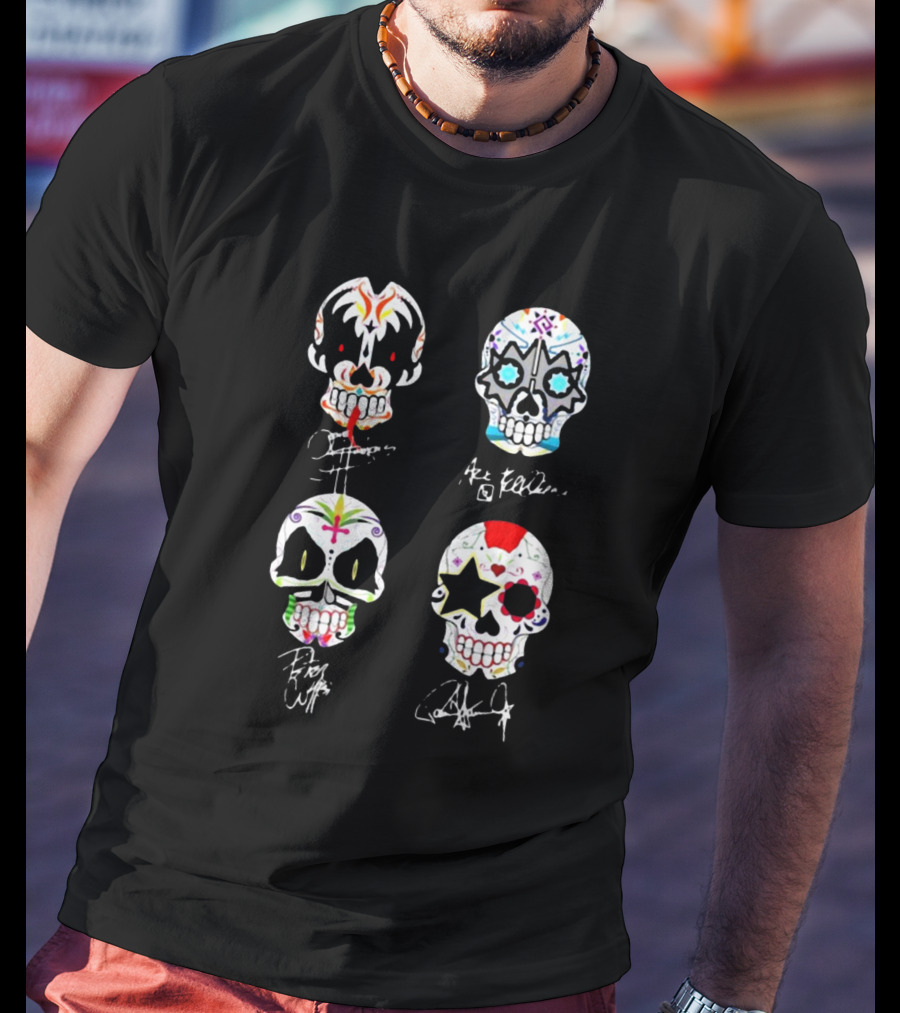Kiss Band 4 Skull Faces Simmons Stanley Frehley Criss Signature T-Shirt
