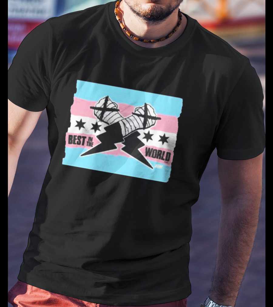 Shopaew Cm Punk Best In The World Trans Pride Flag With Fists And Stars T-Shirt