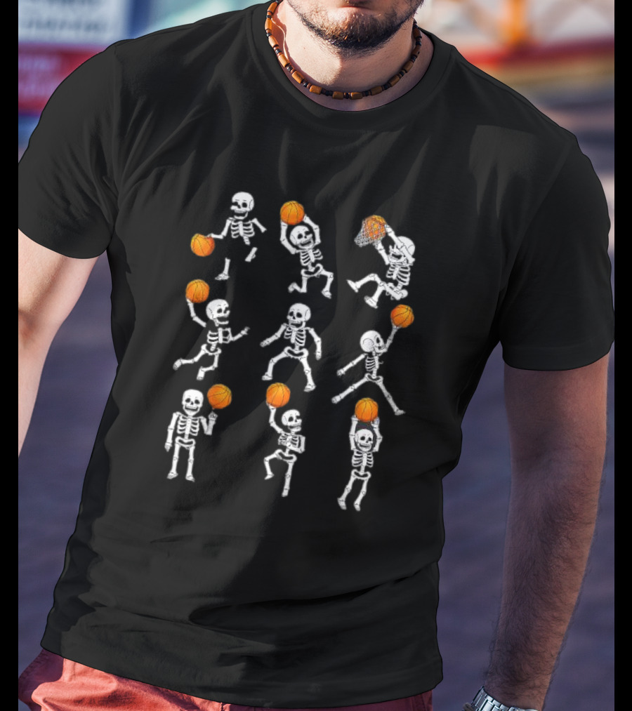 Halloween Skeletons Dunking Dribble Basketball Players T-Shirt