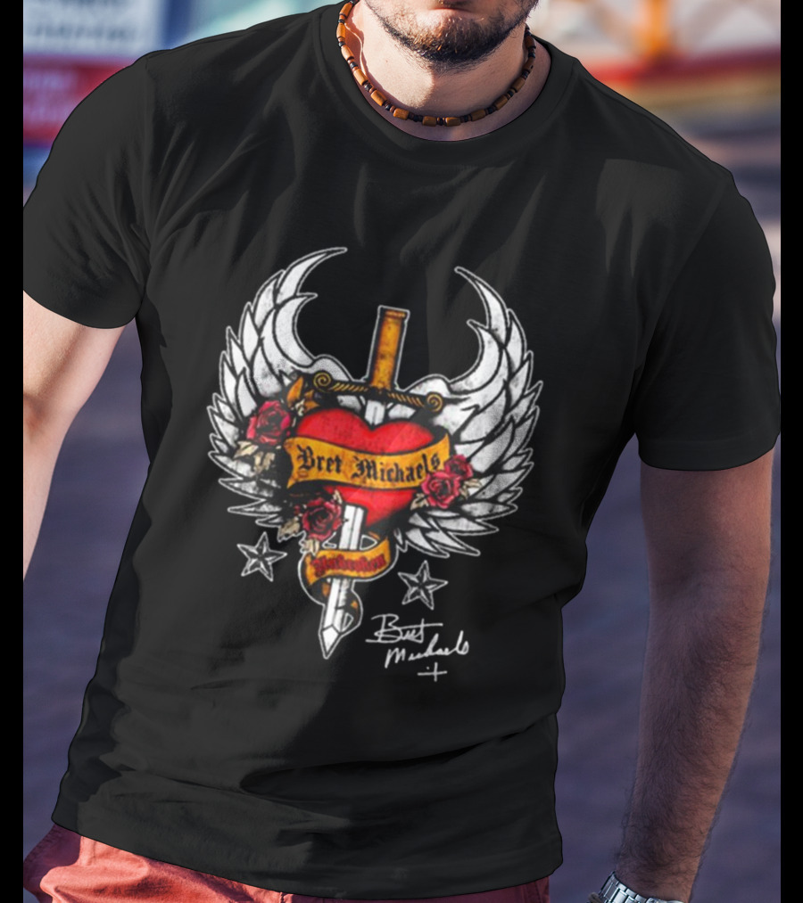 Bret Michaels Heart And Sword Winged Emblem With Roses And Stars T-Shirt
